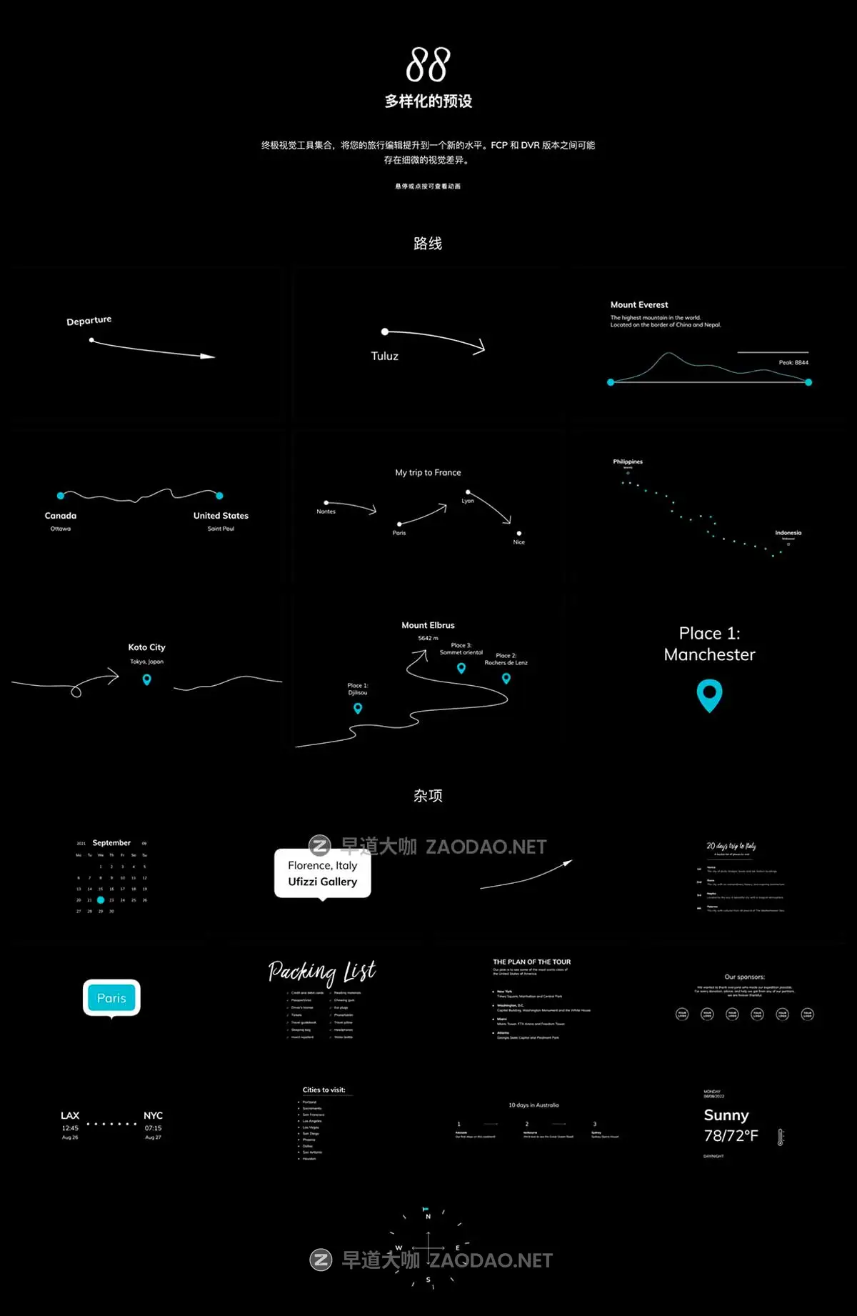 达芬奇预设 88组旅行度假Vlog视频地图路线标题排版天气图标标题动画达芬奇预设插件 MotionVFX – mJourney for DaVinci Resolve插图11 达芬奇预设 88组旅行度假Vlog视频地图路线标题排版天气图标标题动画达芬奇预设插件 MotionVFX – mJourney for DaVinci Resolve插图11