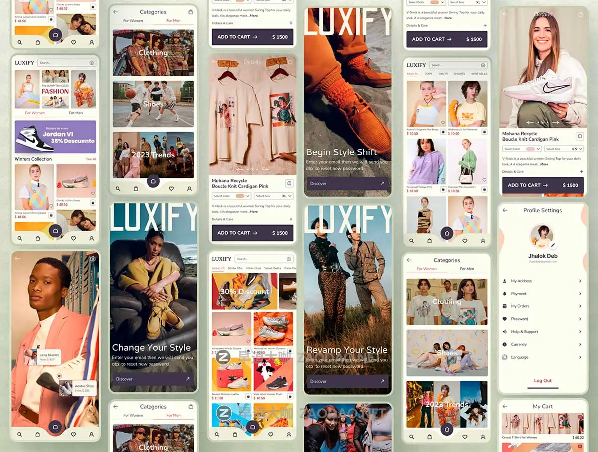 28+屏高级服装鞋子在线购买电子商城APP UI界面设计Figma模板套件素材 LUXIFY- Ecommerce Fashion App插图3 28+屏高级服装鞋子在线购买电子商城APP UI界面设计Figma模板套件素材 LUXIFY- Ecommerce Fashion App插图3