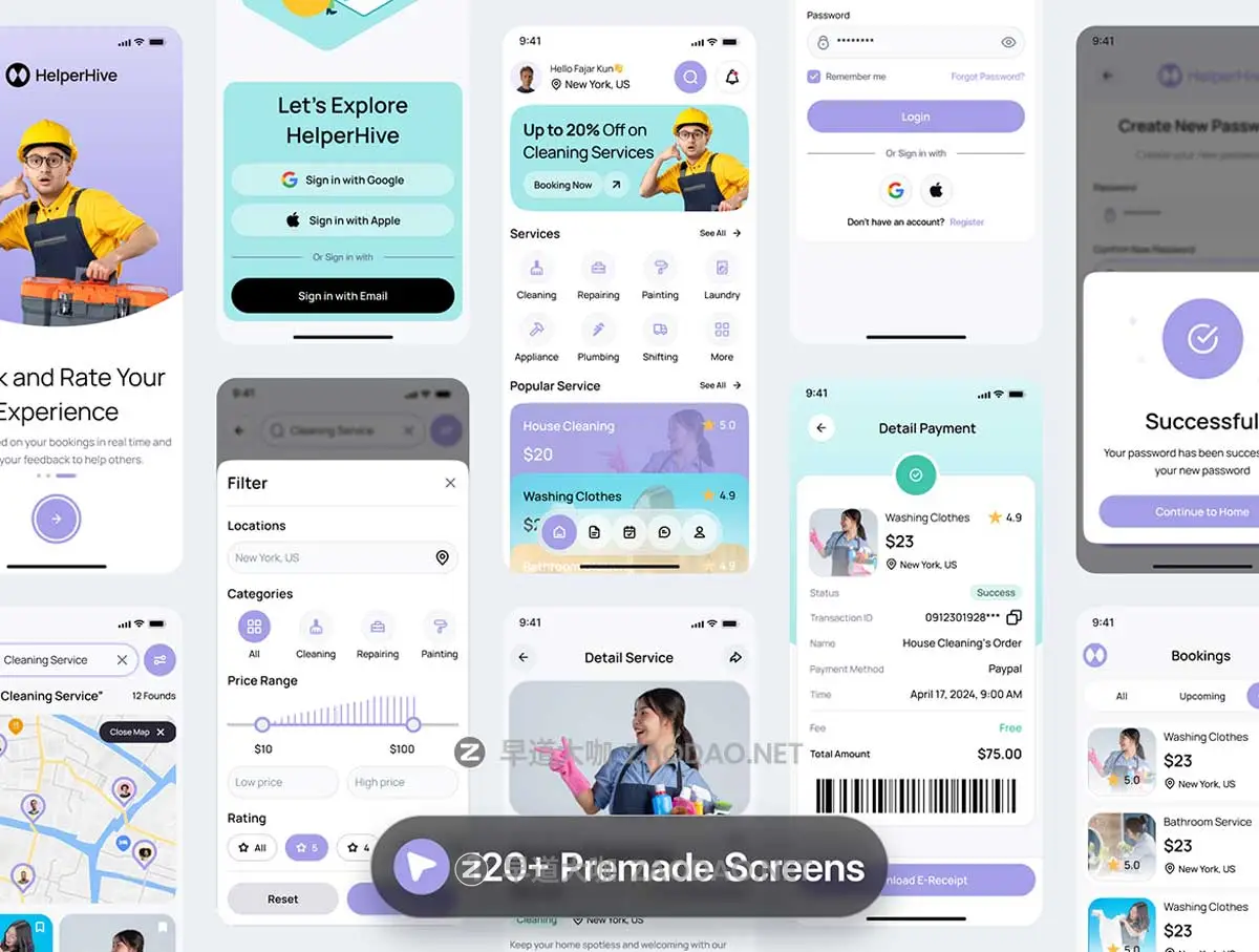 120+屏现代家庭电器维修保洁家政服务订单预约APP UI界面设计Figma模板套件 Helperhive – Home Service Mobile App UI Kit插图4 120+屏现代家庭电器维修保洁家政服务订单预约APP UI界面设计Figma模板套件 Helperhive – Home Service Mobile App UI Kit插图4