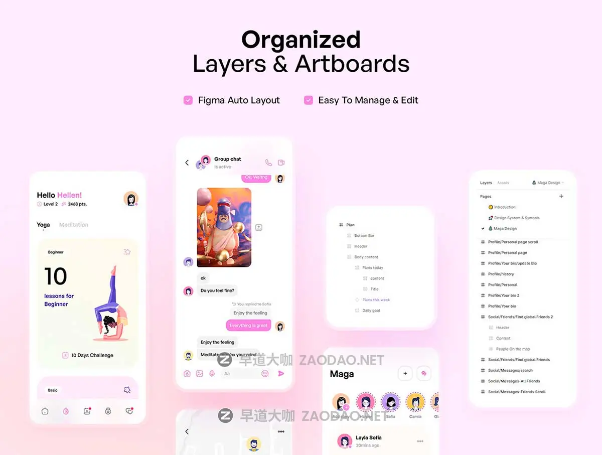 156屏双配色瑜伽冥想锻炼在线课程健康跟踪APP UI界面设计Figma模板套件 Maga – Yoga & Meditation UI Kit插图5 156屏双配色瑜伽冥想锻炼在线课程健康跟踪APP UI界面设计Figma模板套件 Maga – Yoga & Meditation UI Kit插图5