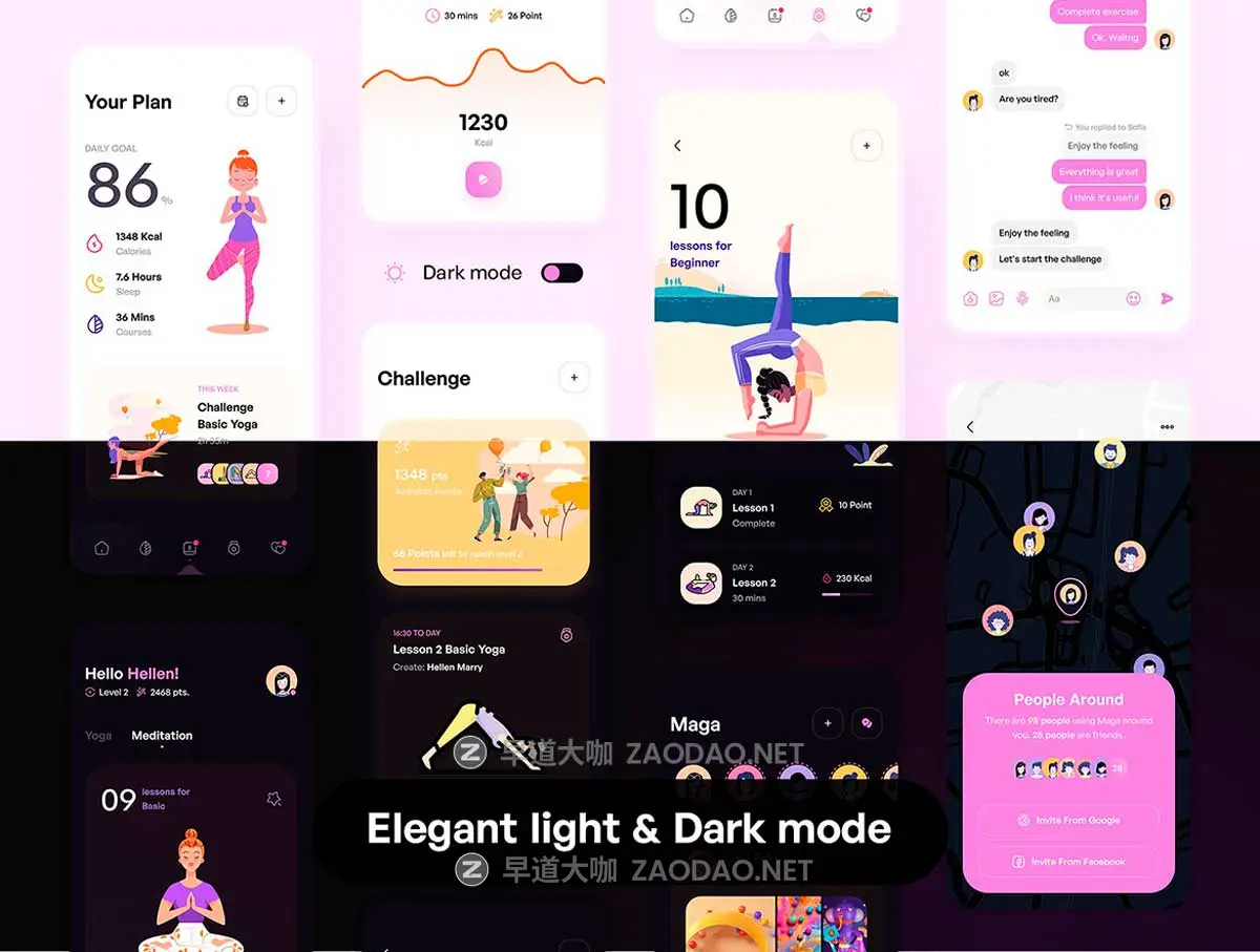 156屏双配色瑜伽冥想锻炼在线课程健康跟踪APP UI界面设计Figma模板套件 Maga – Yoga & Meditation UI Kit插图6 156屏双配色瑜伽冥想锻炼在线课程健康跟踪APP UI界面设计Figma模板套件 Maga – Yoga & Meditation UI Kit插图6