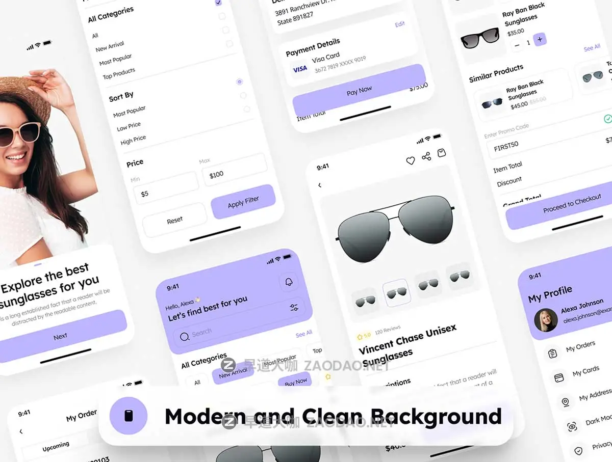 60屏双配色太阳镜眼镜店电子商城APP UI界面设计Figma模板套件素材 Lenseye – Sunglasses E-Commerce App UI Kit插图1 60屏双配色太阳镜眼镜店电子商城APP UI界面设计Figma模板套件素材 Lenseye – Sunglasses E-Commerce App UI Kit插图1