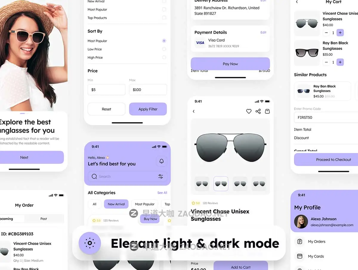60屏双配色太阳镜眼镜店电子商城APP UI界面设计Figma模板套件素材 Lenseye – Sunglasses E-Commerce App UI Kit插图4 60屏双配色太阳镜眼镜店电子商城APP UI界面设计Figma模板套件素材 Lenseye – Sunglasses E-Commerce App UI Kit插图4
