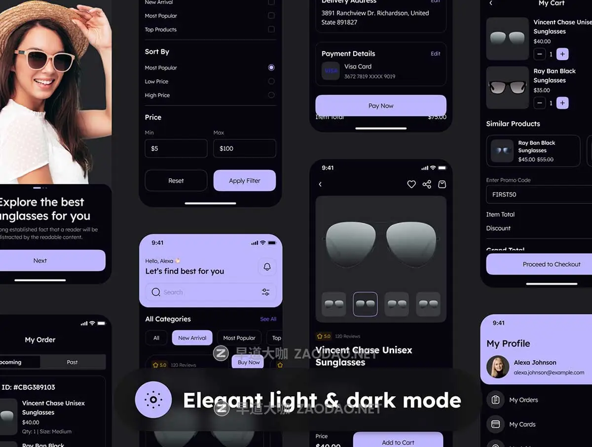 60屏双配色太阳镜眼镜店电子商城APP UI界面设计Figma模板套件素材 Lenseye – Sunglasses E-Commerce App UI Kit插图5 60屏双配色太阳镜眼镜店电子商城APP UI界面设计Figma模板套件素材 Lenseye – Sunglasses E-Commerce App UI Kit插图5