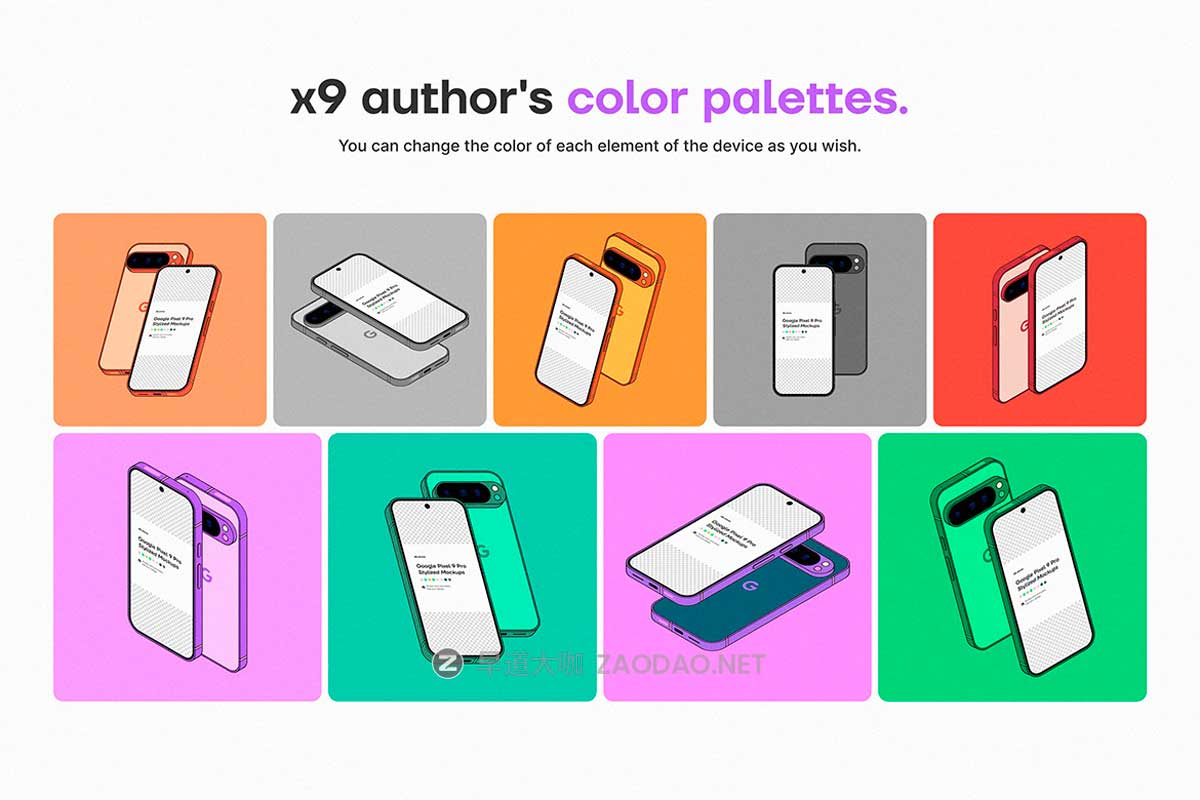 9款卡通风格化谷歌安卓Google Pixel 9 Pro手机UI广告设计展示贴图样机PS/Figma格式素材 Google Pixel 9 Pro Stylized Mockups插图1