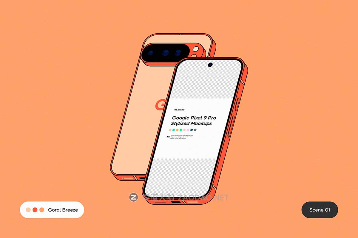 9款卡通风格化谷歌安卓Google Pixel 9 Pro手机UI广告设计展示贴图样机PS/Figma格式素材 Google Pixel 9 Pro Stylized Mockups插图5