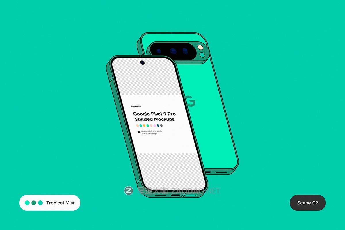 9款卡通风格化谷歌安卓Google Pixel 9 Pro手机UI广告设计展示贴图样机PS/Figma格式素材 Google Pixel 9 Pro Stylized Mockups插图6