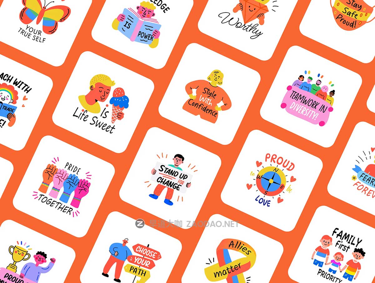 80款可爱卡通趣味奖励激励胜利庆祝手绘矢量插图插画标签贴纸设计Ai/Figma/Png格式素材 Pride Stickers Collection插图4
