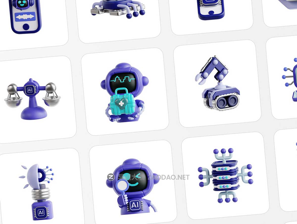 30款3D质感AI人工智能机器人插图图标Icons设计Blender/PNG/OBJ格式素材 Artificial Intelligence Essential 3D Illustration插图4