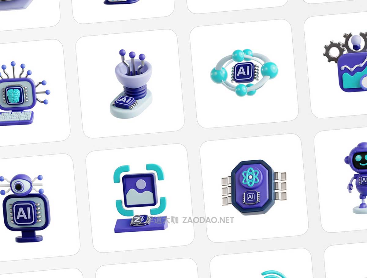 30款3D质感AI人工智能机器人插图图标Icons设计Blender/PNG/OBJ格式素材 Artificial Intelligence Essential 3D Illustration插图5