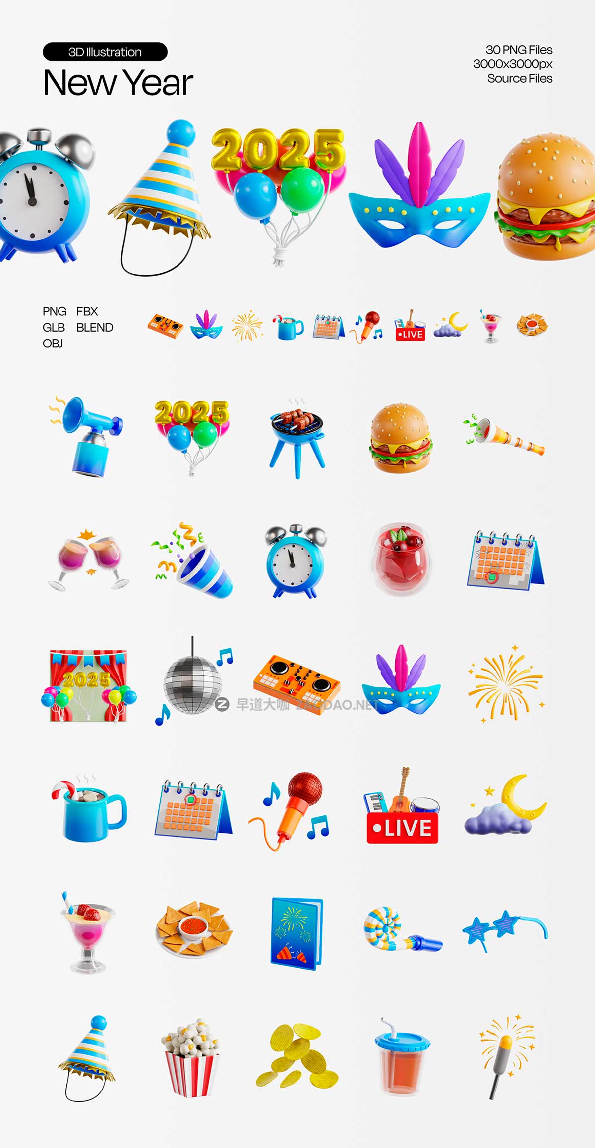 30款2025新年节日派对庆祝3D立体插图图标Icons设计Blender/OBJ/PNG格式素材 New Year 2025 3D Illustration插图6