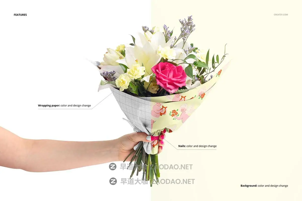 时尚Ins风花束鲜花包装纸防尘纸印花图案设计展示效果图Ps贴图样机模板素材Romantic Flowers Packaging Mockup Set插图2 时尚Ins风花束鲜花包装纸防尘纸印花图案设计展示效果图Ps贴图样机模板素材Romantic Flowers Packaging Mockup Set插图2