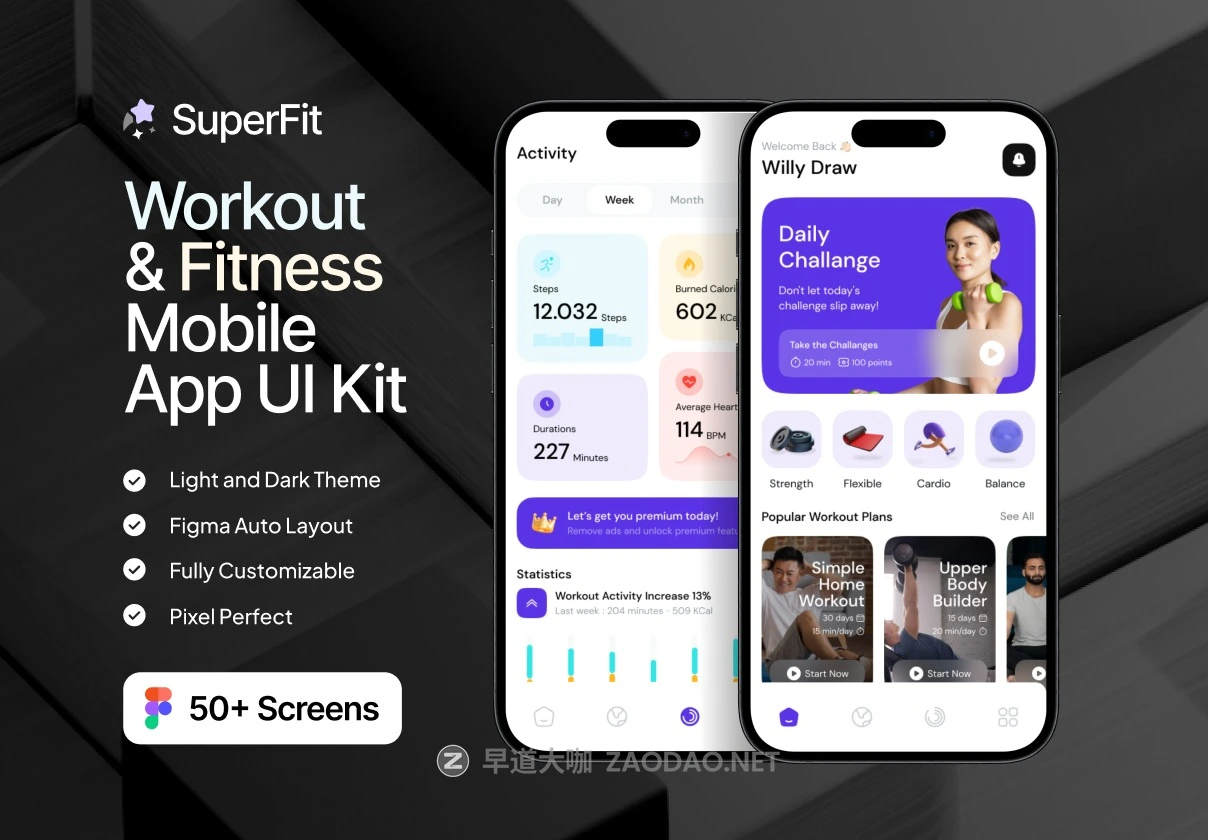 50+屏双配色锻炼健身运动数据跟踪应用程序app ui界面设计figma模板套件SuperFit – Workout & Fitness Mobile App UI Kit插图 50+屏双配色锻炼健身运动数据跟踪应用程序app ui界面设计figma模板套件SuperFit – Workout & Fitness Mobile App UI Kit插图