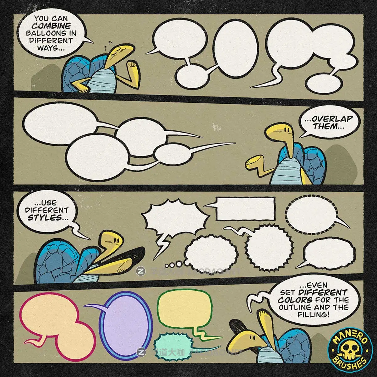 创意趣味动漫对话框气球音效手绘绘画procreate笔刷画笔素材Ultimate Dynamic Comic Panels, Balloons and SFX Toolkit for Procreate插图5 创意趣味动漫对话框气球音效手绘绘画procreate笔刷画笔素材Ultimate Dynamic Comic Panels, Balloons and SFX Toolkit for Procreate插图5