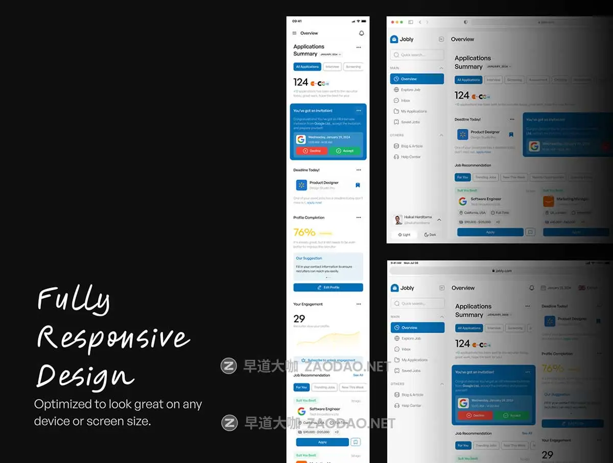 340+屏响应式应聘求职找工作平台仪表盘ui界面设计figma模板套件Jobly – Job Finder Dashboard UI Kit插图3 340+屏响应式应聘求职找工作平台仪表盘ui界面设计figma模板套件Jobly – Job Finder Dashboard UI Kit插图3