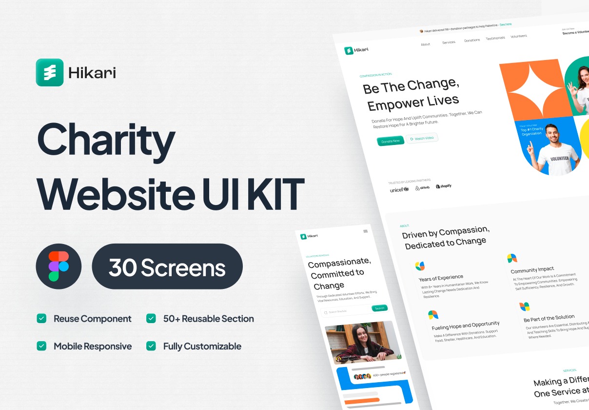 30屏现代极简爱心公益慈善网站登录界面web ui设计figma模板套件Hikari – Charity Website UI Kit插图