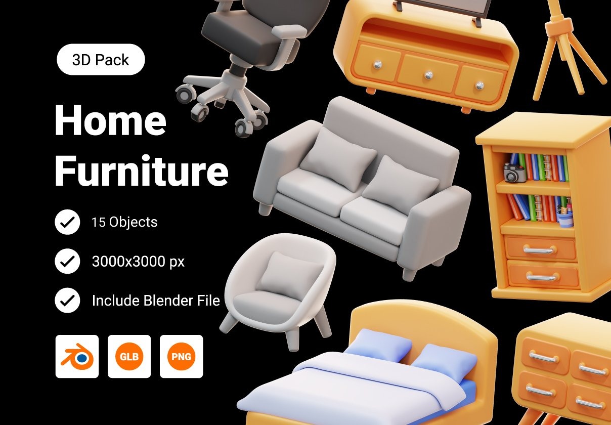 15款高级3D质感家具沙发柜子床图标Icons设计Blender/Png格式素材Home Furniture 3D Icon Pack插图