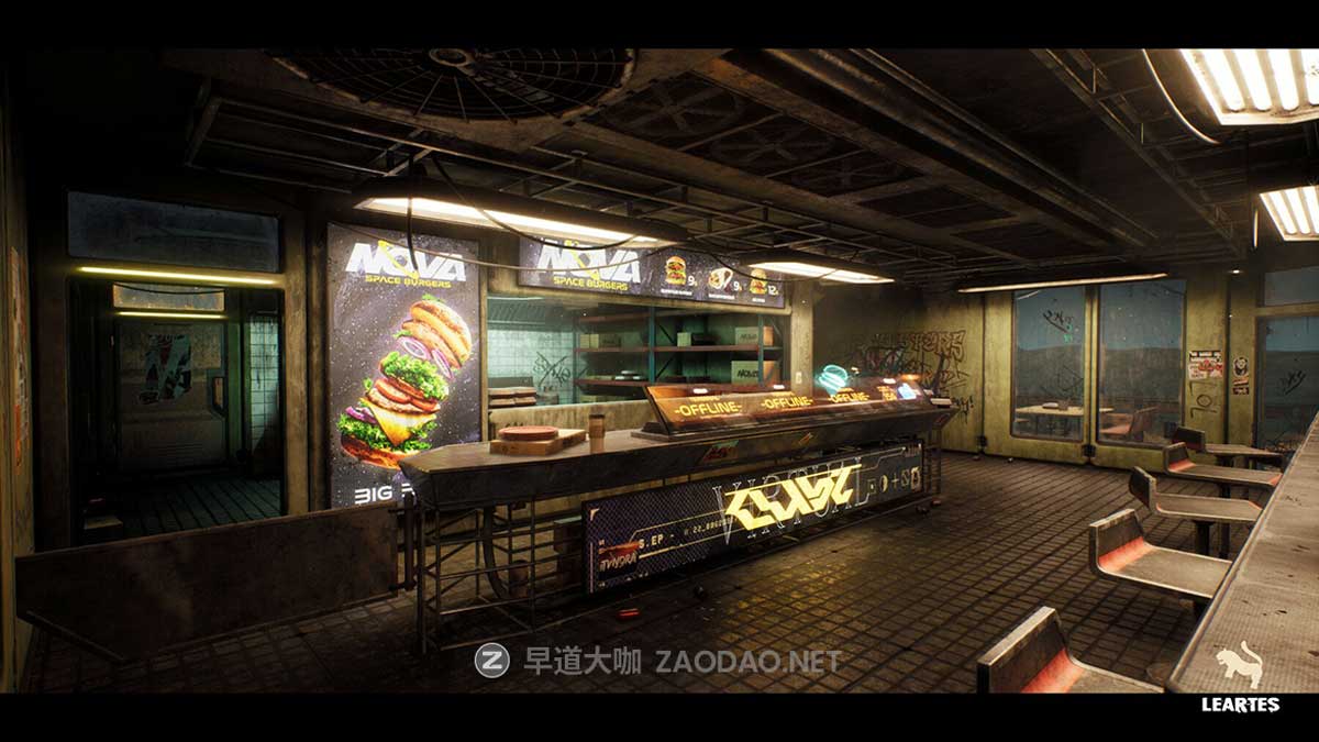 未来科幻赛博朋克风废弃汉堡店酒吧餐厅3D模型UE格式素材Nova Space Burgers – Cyberpunk Abandoned Restaurant – Space Bar + ULAT插图2