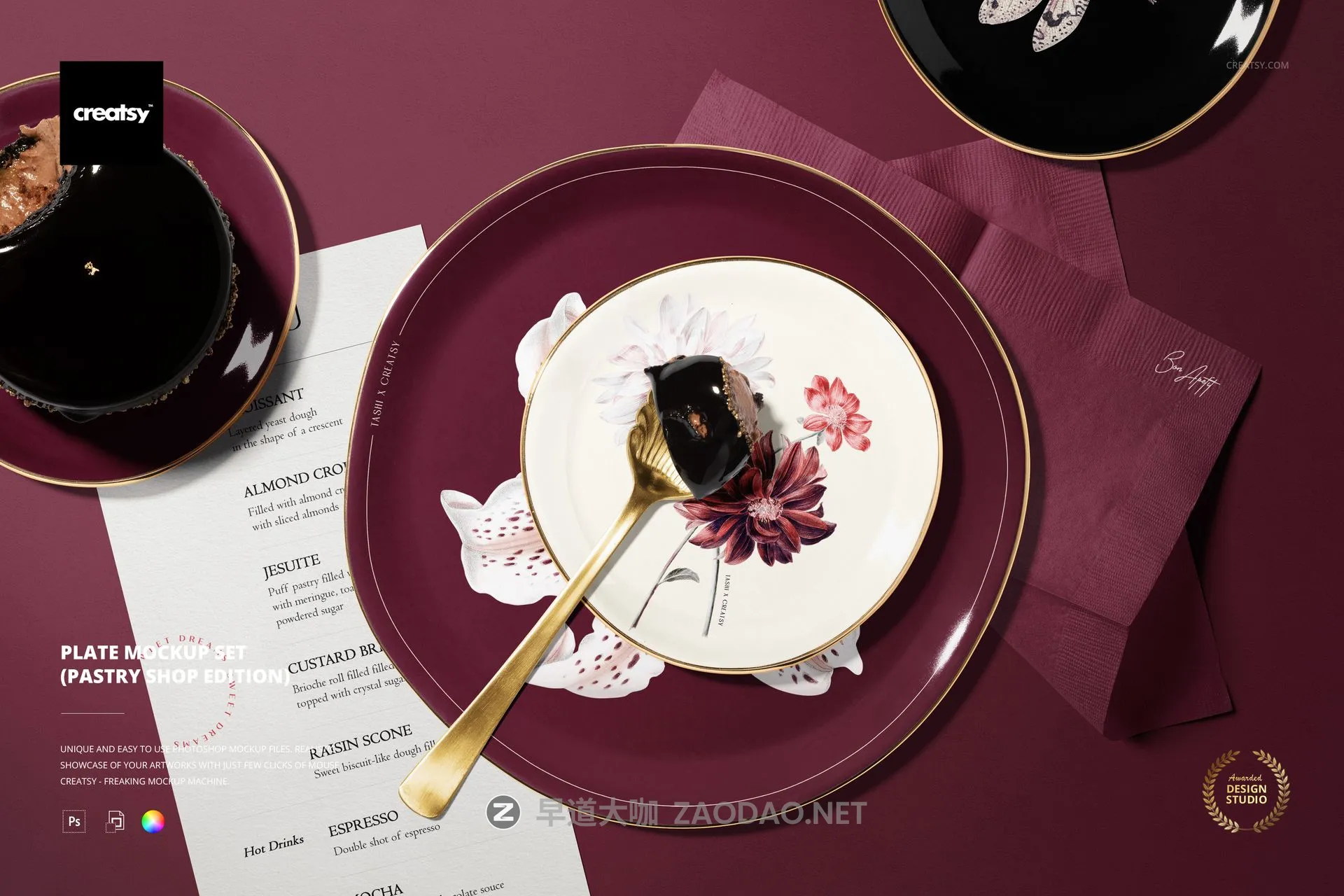 16款瓷盘菜单餐巾纸糕点甜点Vi设计展示效果图Ps贴图样机模板 Plate Mockup Set (pastry shop edition)插图 16款瓷盘菜单餐巾纸糕点甜点Vi设计展示效果图Ps贴图样机模板 Plate Mockup Set (pastry shop edition)插图