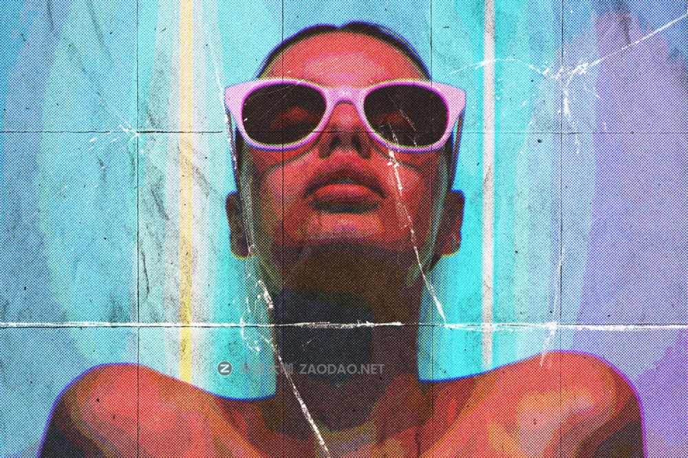 复古半色调褶皱划痕y2k照片效果ps特效滤镜样机 Folded Retrofuturistic Comics Risograph Effect插图1