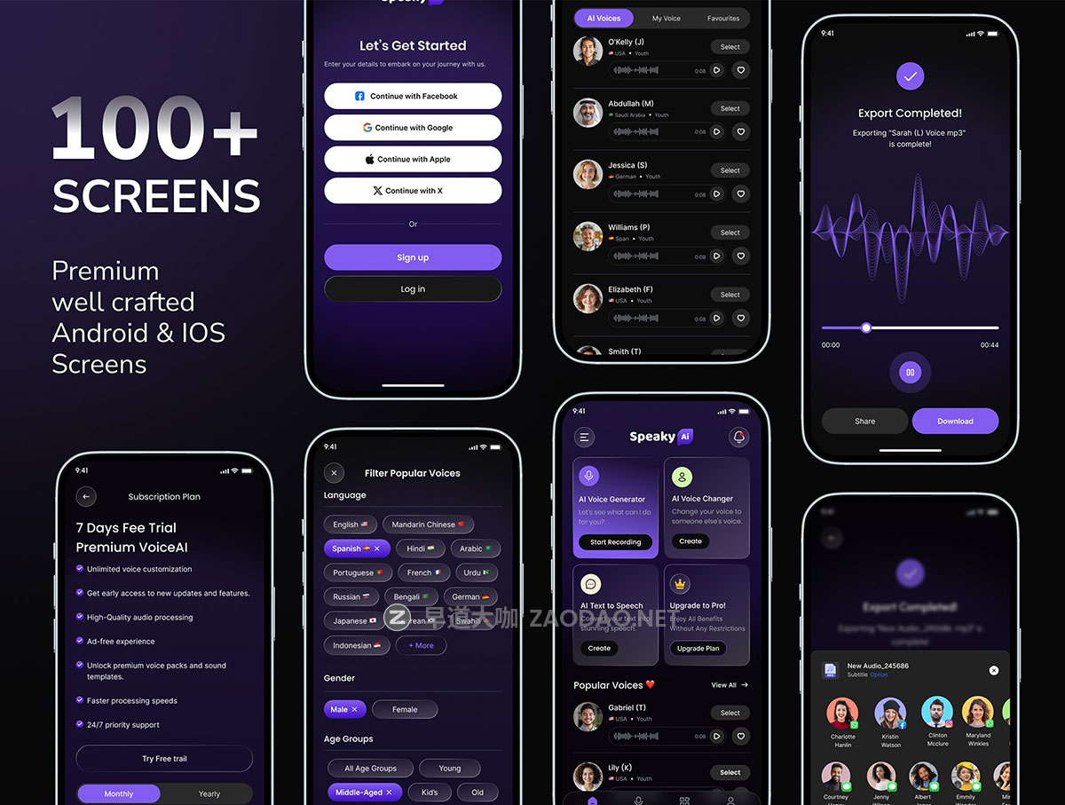 100+屏AI智能语音生成器文本转换翻译app ui界面设计figma模板套件 AI Voice Generator Mobile App UI Design插图2