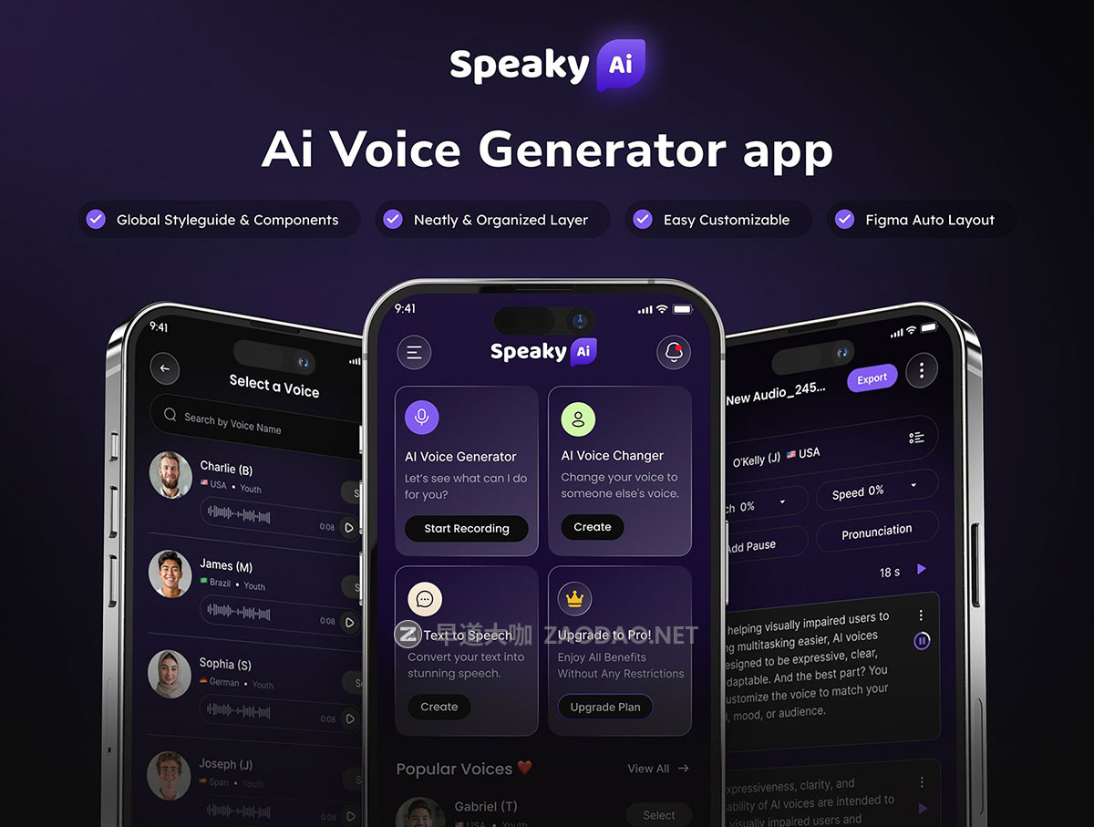 100+屏AI智能语音生成器文本转换翻译app ui界面设计figma模板套件 AI Voice Generator Mobile App UI Design插图5