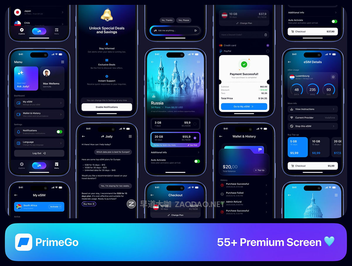 55+屏双配色AI智能手机eSIM卡电信流量包漫游包app ui界面设计figma模板 PrimeGo – eSim App Ui Kit插图5