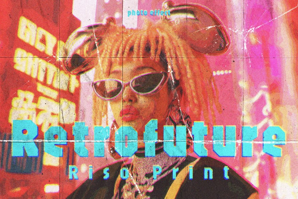 复古半色调褶皱划痕y2k照片效果ps特效滤镜样机 Folded Retrofuturistic Comics Risograph Effect插图