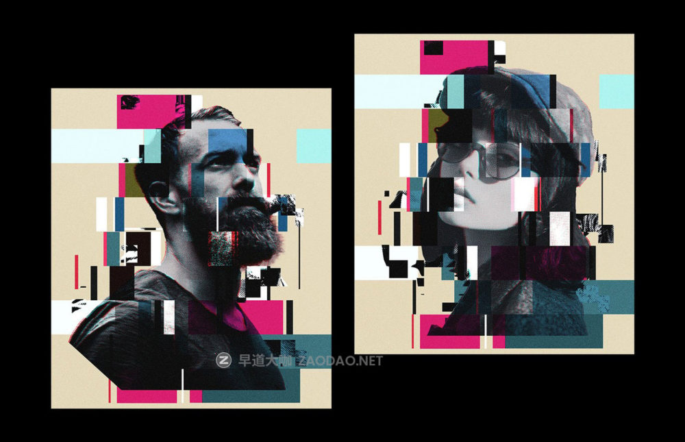 复古半色调故障失真纹理照片效果ps特效滤镜样机 Glitch Halftone Portrait Effect插图1
