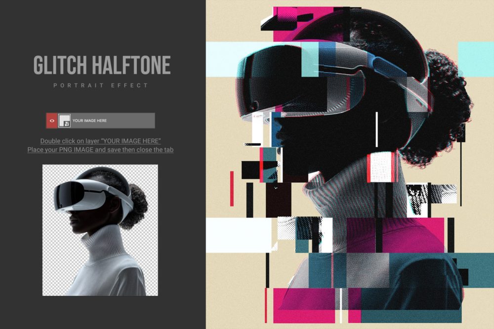 复古半色调故障失真纹理照片效果ps特效滤镜样机 Glitch Halftone Portrait Effect插图