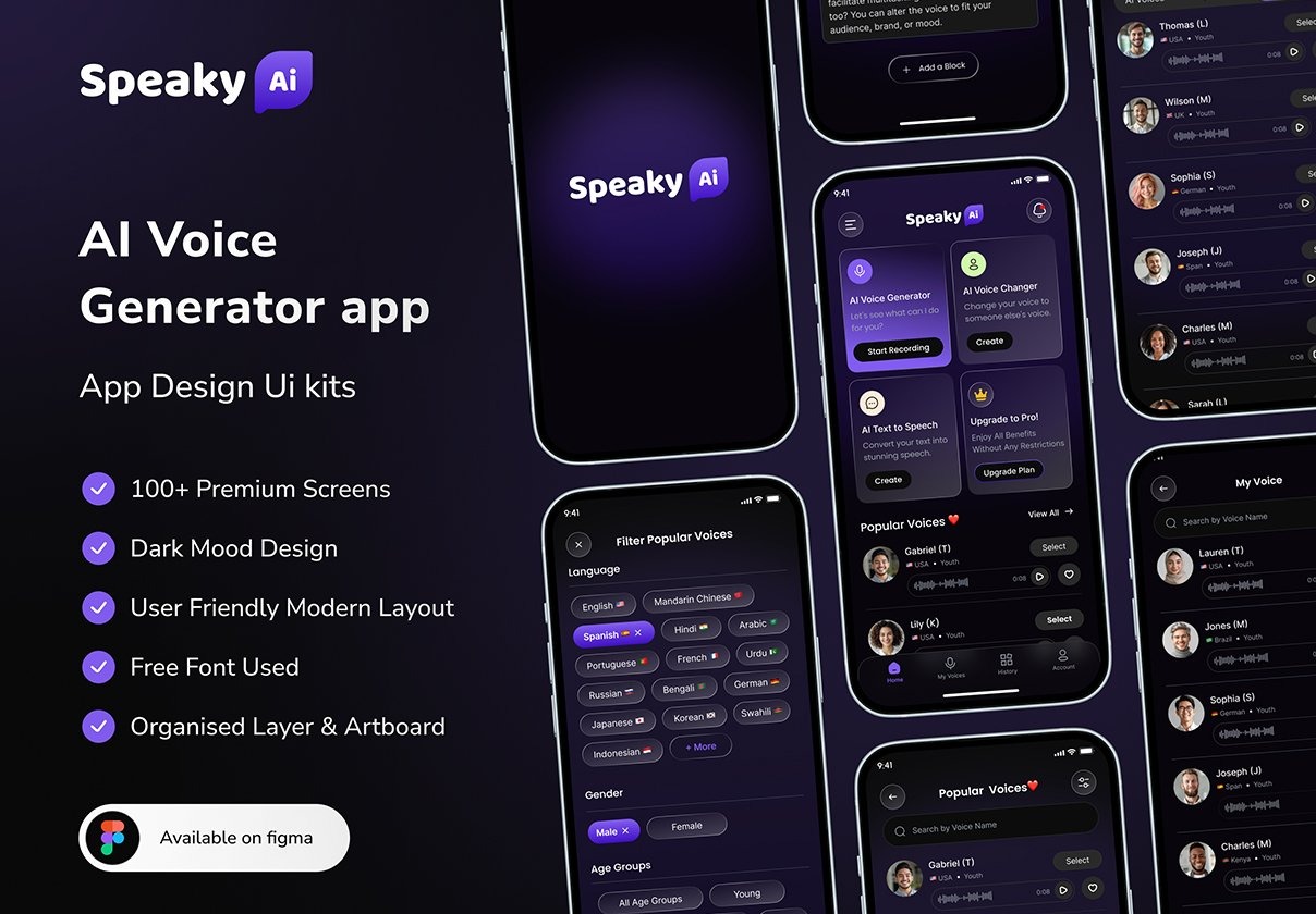 100+屏AI智能语音生成器文本转换翻译app ui界面设计figma模板套件 AI Voice Generator Mobile App UI Design插图