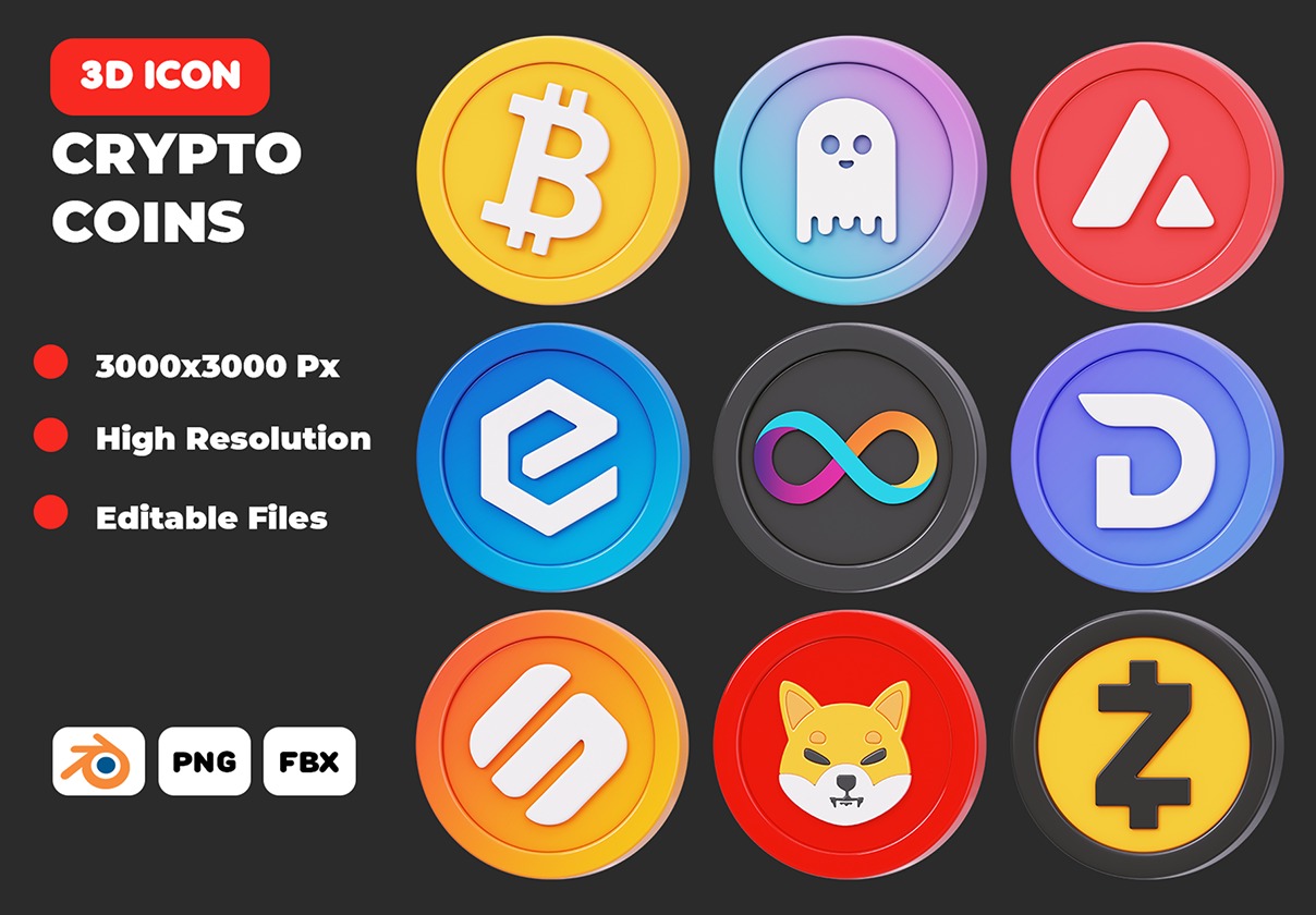 44款3D立体圆形金融加密货币图标Icons设计Blender/Fbx/Png格式素材 Crypto Coins 3D Icon Pack插图