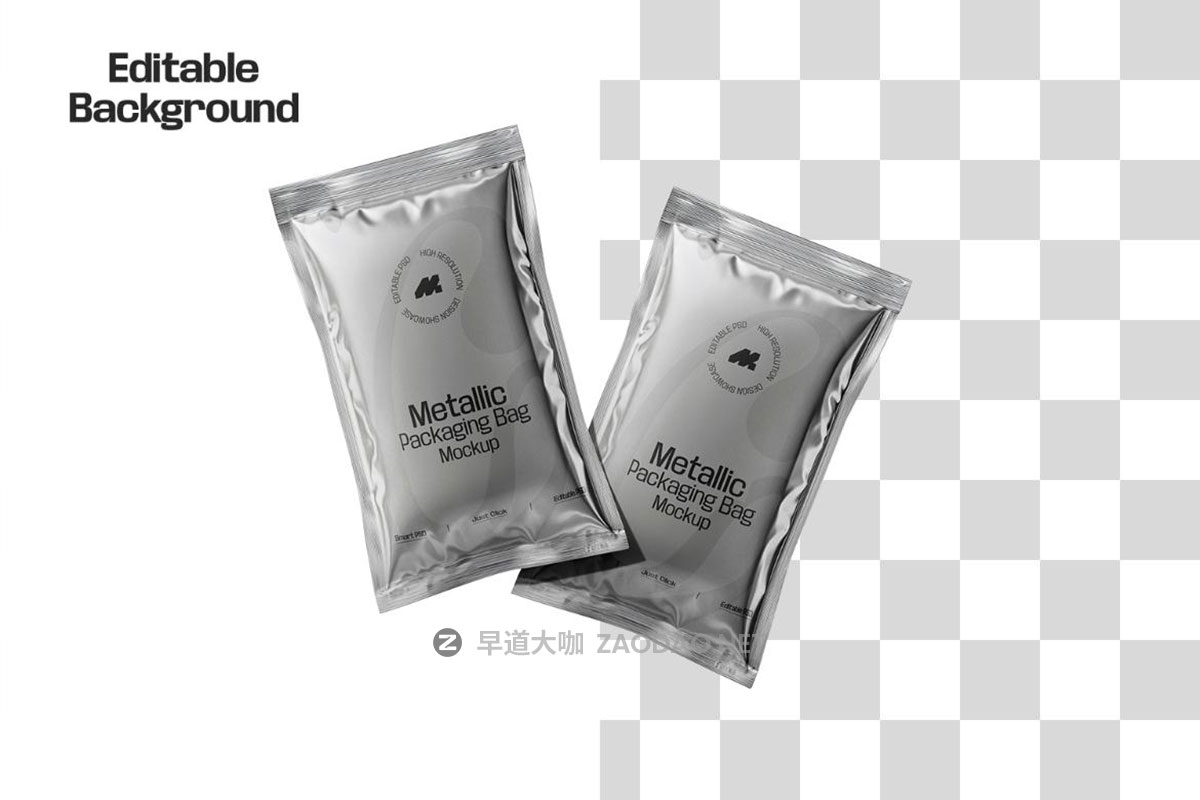 5款逼真金属质感食品咖啡酱料包装袋设计展示PSD样机模板素材 Packaging Metallic Sachet Mockup插图12