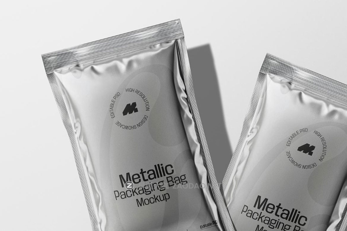 5款逼真金属质感食品咖啡酱料包装袋设计展示PSD样机模板素材 Packaging Metallic Sachet Mockup插图10