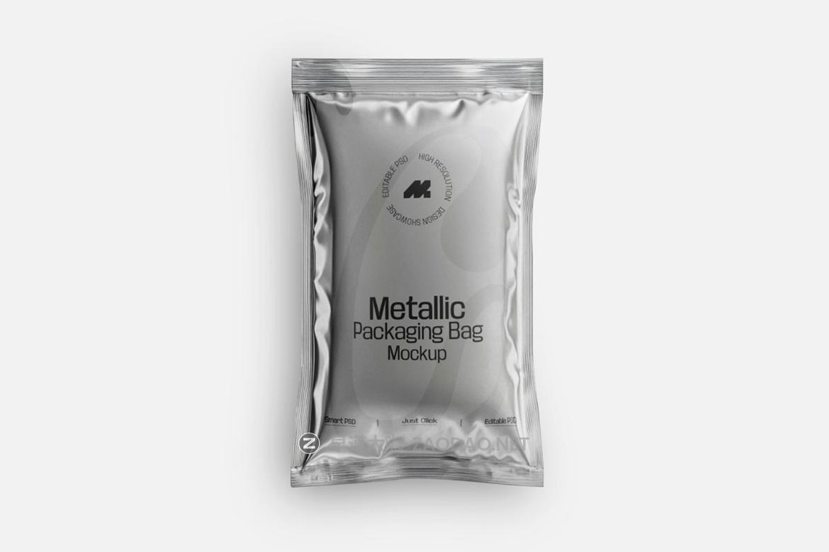 5款逼真金属质感食品咖啡酱料包装袋设计展示PSD样机模板素材 Packaging Metallic Sachet Mockup插图4