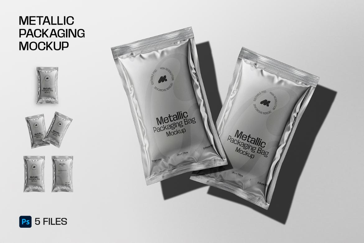 5款逼真金属质感食品咖啡酱料包装袋设计展示PSD样机模板素材 Packaging Metallic Sachet Mockup插图