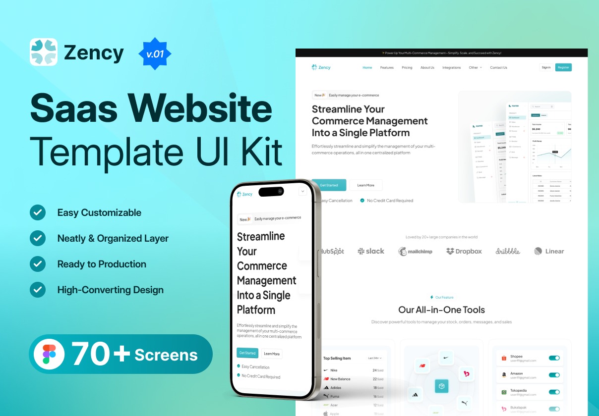 70+屏高级旅行票务酒店预订SaaS服务网站WEB UI界面设计Figma模板套件 Zency – Modern SaaS Website UI Kit插图