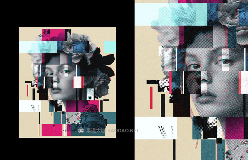 复古半色调故障失真纹理照片效果ps特效滤镜样机 Glitch Halftone Portrait Effect插图2