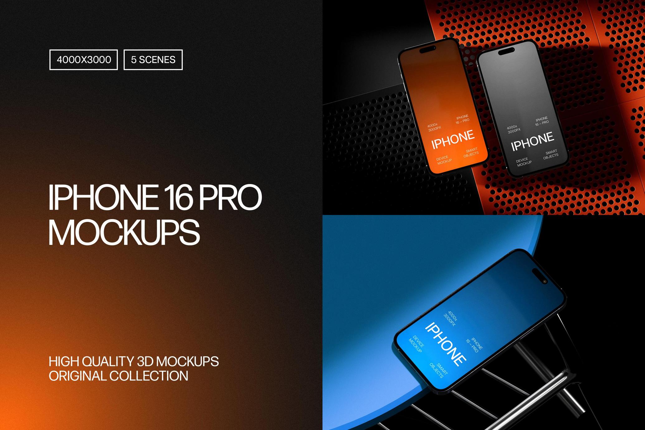iPhone 16 Pro Mockups 5款高级工业风ui界面海报作品集设计苹果iPhone 16 Pro手机展示效果图PS样机模板插图
