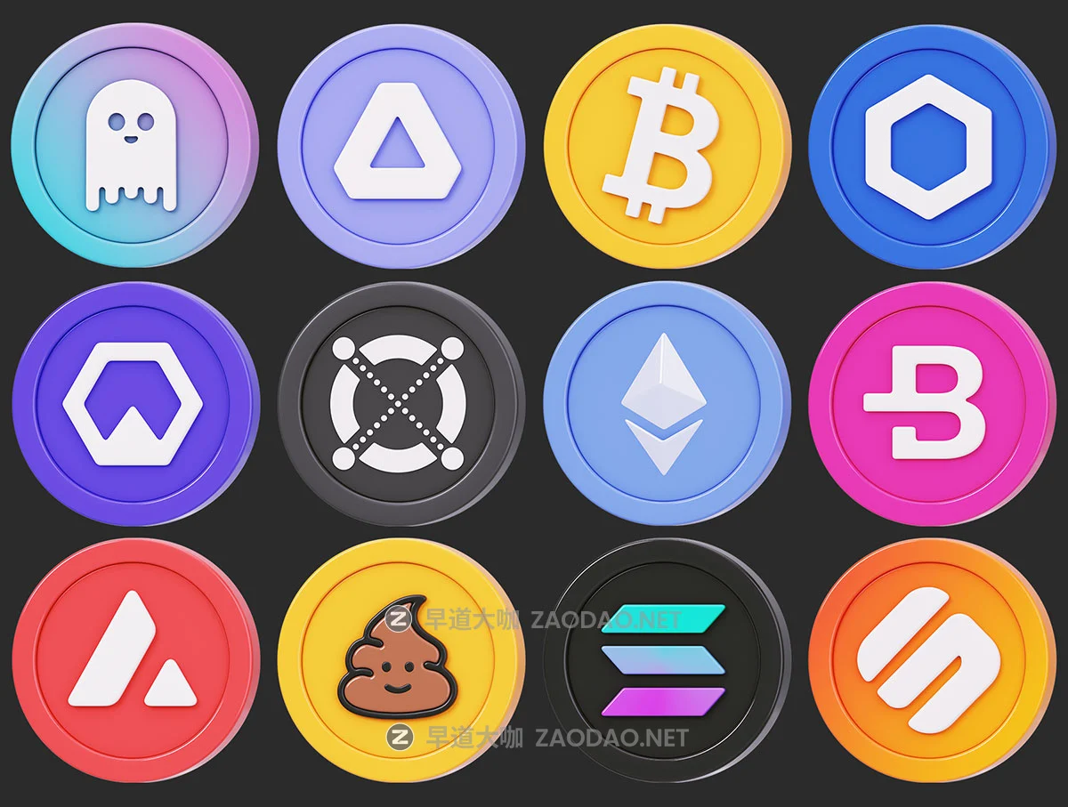 44款3D立体圆形金融加密货币图标Icons设计Blender/Fbx/Png格式素材 Crypto Coins 3D Icon Pack