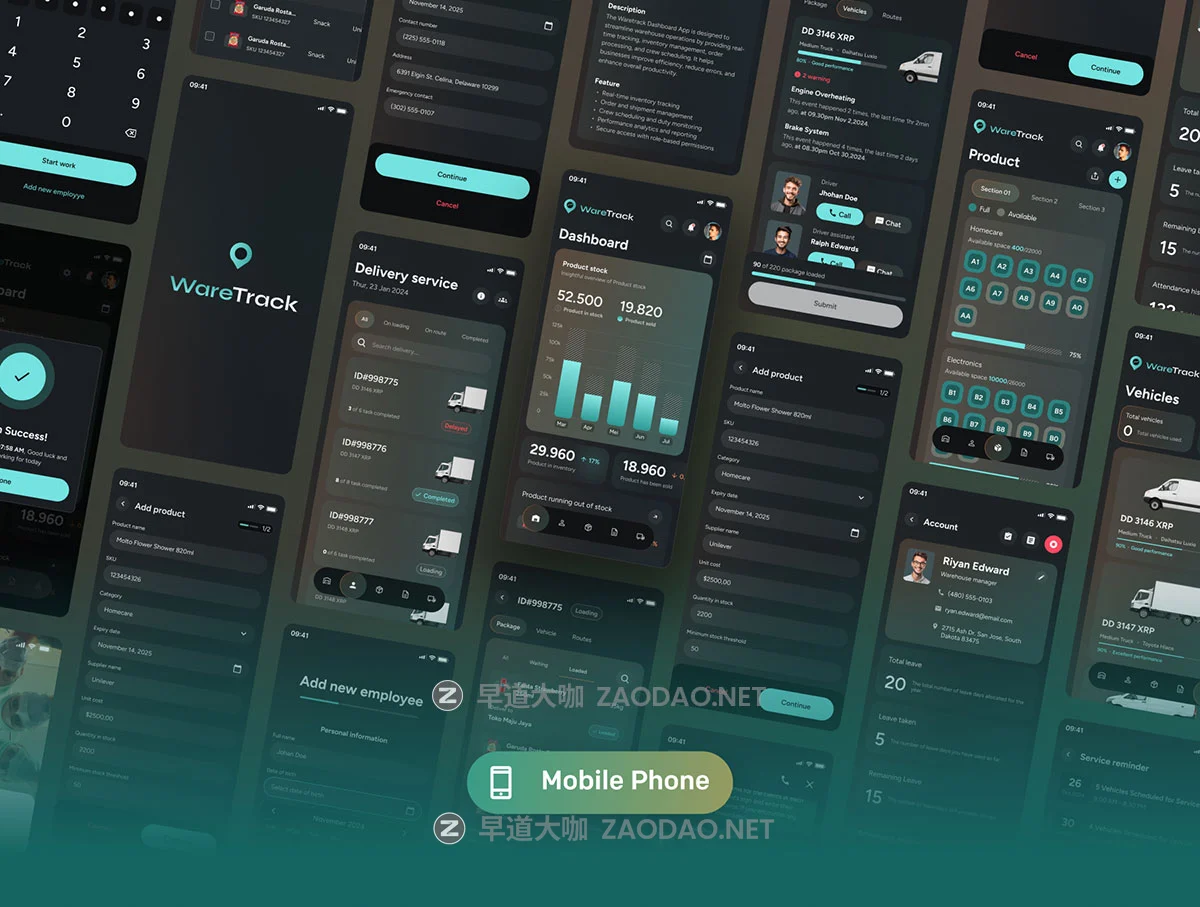 165屏暗黑系超市餐厅药店零售物流仓库仓储供应链SaaS服务仪表盘ui界面设计figma模板套件 WareTrack – SAAS Warehouse Management App UI Kit插图7 165屏暗黑系超市餐厅药店零售物流仓库仓储供应链SaaS服务仪表盘ui界面设计figma模板套件 WareTrack – SAAS Warehouse Management App UI Kit插图7