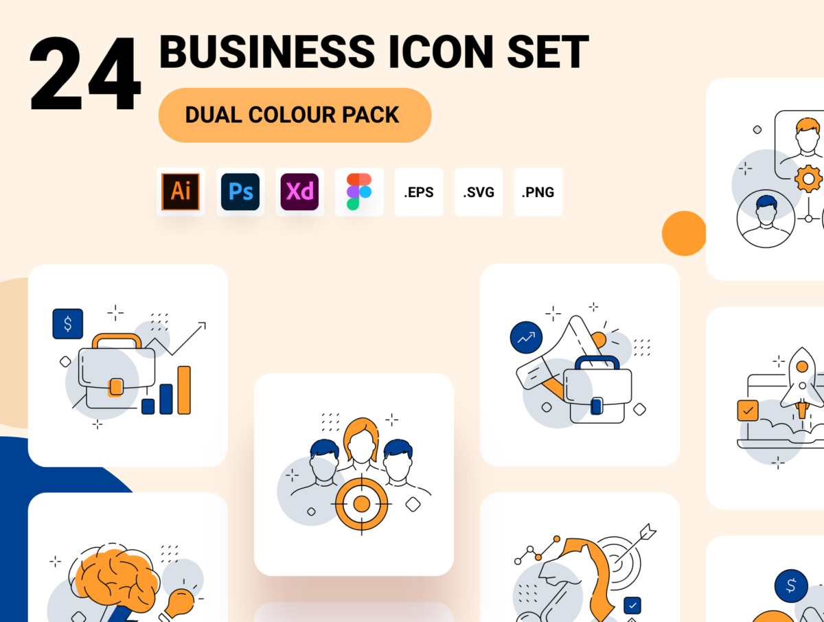24款商业办公业务管理矢量插图图标设计AI/XD/EPS/Figma格式素材包 Business and management icon set