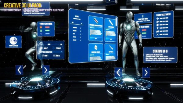 UE模型 未来科幻人体机器人数据仪表盘UI界面3D资产素材 Interactive and Customizable 3D UI Pack