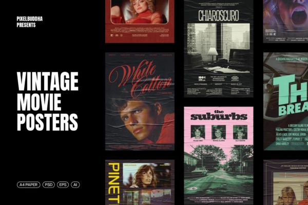 12款复古电影艺术剧院海报标题排版PSD分层设计模板 Old Movie Posters Collection
