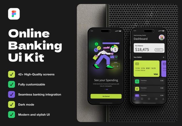 42+屏暗黑系银行金融理财电子钱包app ui界面设计figma模板素材 Online Banking Ui kit