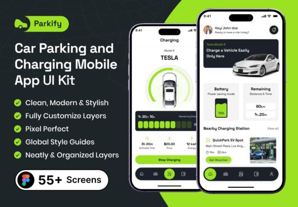 55+屏现代城市停车充电桩充电站移动app界面设计ui套件figma模板 Parkify – Car Parking and Charging Mobile APP UI Kit