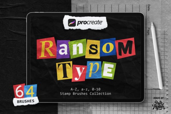 64组剪贴字母数字符号效果procreate绘画笔刷画笔素材 Procreate Ransom Type Brushes