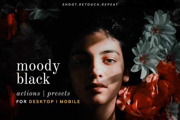 时尚戏剧性黑灰色调街头电影照片调色PS动作&Lightroom预设 Moody Black – Actions and presets