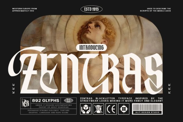 优雅复古哥特式海报服装徽标设计装饰英文字体安装包 Zentras Typeface