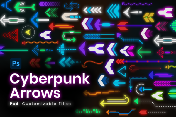 50款未来科幻赛博朋克霓虹箭头设计PSD格式素材 Pixflow – Cyberpunk Arrows